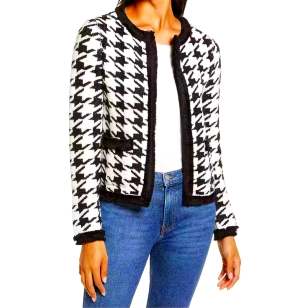 HALOGEN Marl Houndstooth Knit Jacket WOMENS SIZE LARGE BLACK WHITE NEW W/O Tag.